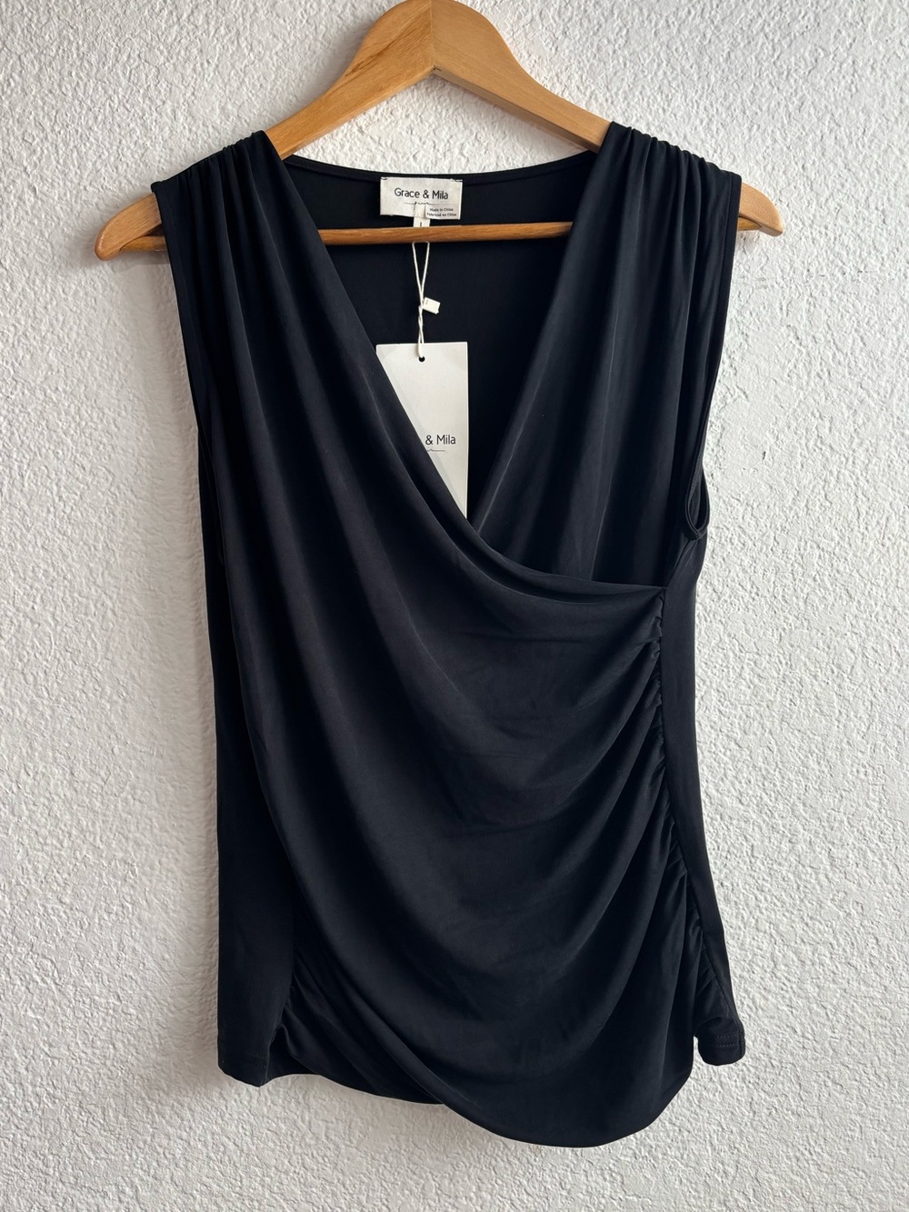 Grace & Mila Black Draped V-Neck Sleeveless Blouse New